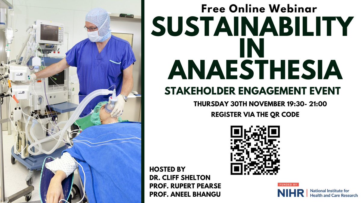 There's still time to sign up to our free Sustainability in Anaesthesia webinar, taking place on 30th November!

Hosted by @DrCliffShelton @rupert_pearse & @aneelbhangu, discussing how you can inform and participate in our research.

Sign up on this link: forms.gle/RYy1ZFvcRxMSYq…