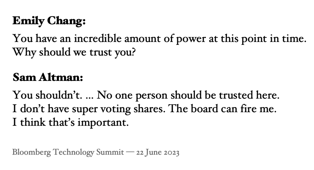 tobyordoxford's tweet photo. The last few days exploded the myth that Sam Altman's incredible power faces any accountability. 
He tells us we shouldn't trust him, but we now know the board *can't* fire him.
I think that's important. https://t.co/gQcnBCDMci