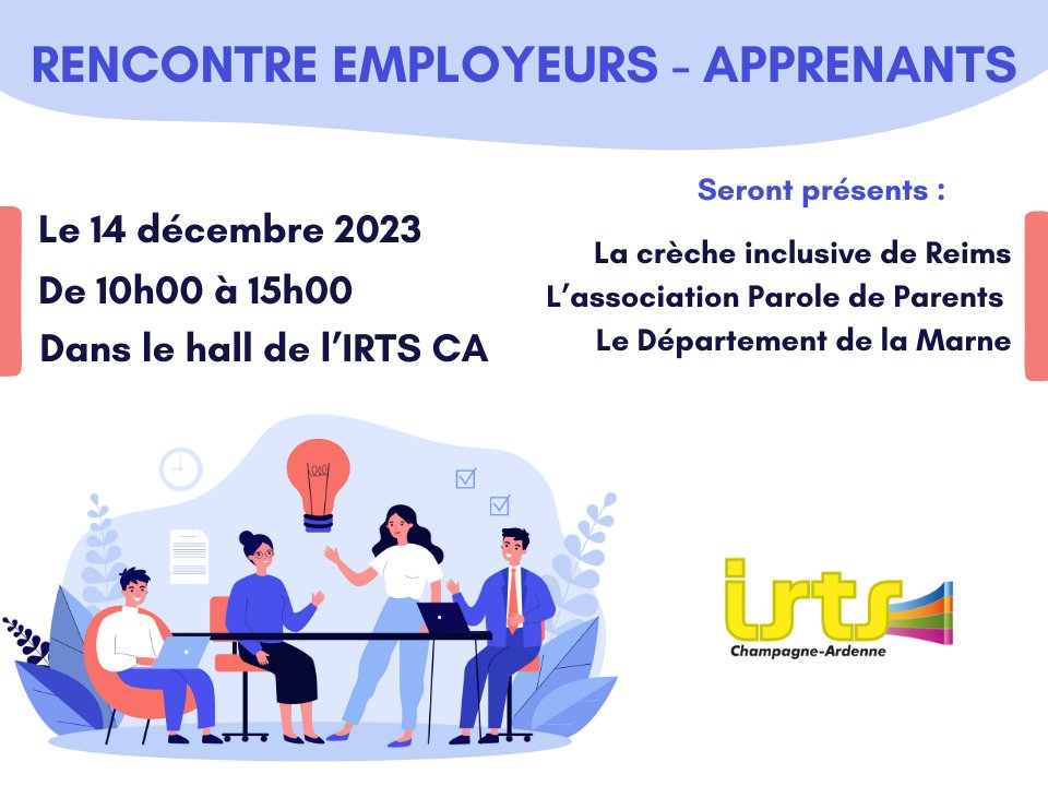 La crèche inclusive de Reims, l'Association Parole de Parents de Reims et le Département de la Marne seront présents le 14 décembre 2023, de 10h à 15h, dans le hall de l'IRTS CA, pour une rencontre employeurs-apprenants autour de la thématique de parentalité.