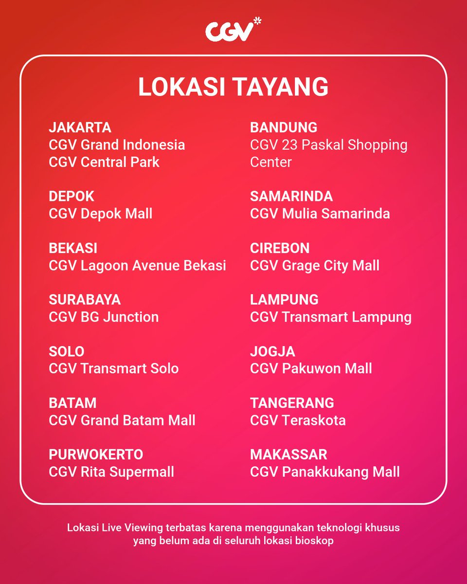 Pasti Carats sudah nggak sabar nih!  

Berikut detail waktu, harga dan lokasi penayangan <SEVENTEEN Tour 'FOLLOW' To Japan Live Viewing> yang bisa kamu beli mulai 1 Desember di web atau CGV App  

Yukk  kita have fun bareng Caratdeul🫶 

#SemuaSerudiCGV