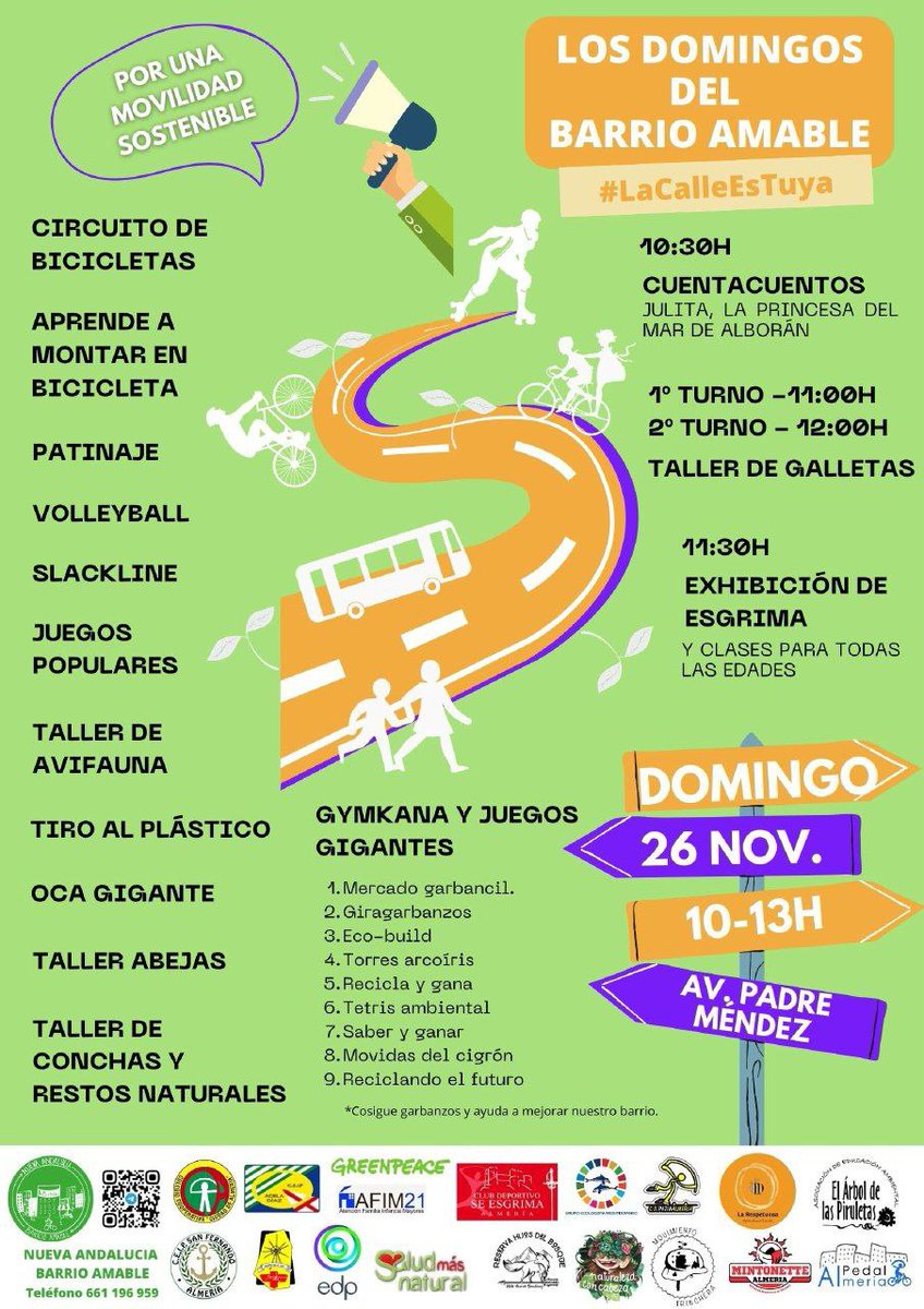🌱☀️¡¡Vuelven Los Domingos del Barrio Amable !!☀️🌱 #Almeria 

🎉¡¡Ven a celebrar que se ha autorizado el corte total de la Avenida Padre Méndez!! #LaCalleEsTuya

🤸🏼‍♀️Tendremos cuentacuentos, circuitos bicis y patines, gincanas y más! (acceso gratuito) 🚲

¡Te esperamos!🤩