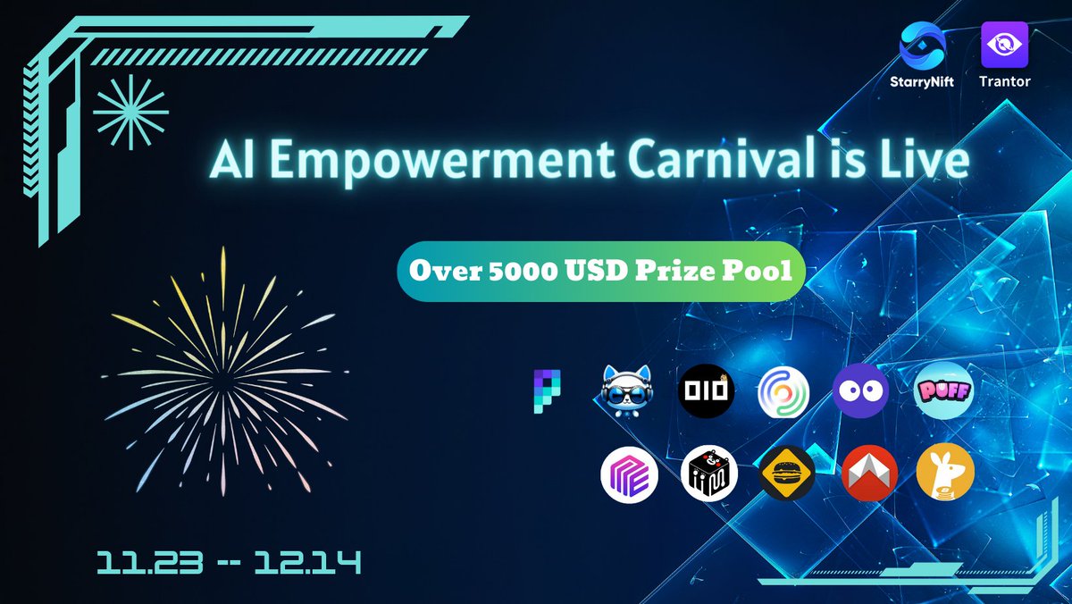 TrantorDAO's tweet photo. 🎉Excited to announce #StarryNift AI Empowerment Carnival is live!!!    

⏰Nov 23rd, 5pm - Dec 14th, 5pm (GMT+8)    

💰Over 5000 USD Prize Pool with #USDT #NFTs and #Tokens awaiting your claim!   

🔗Entrance: https://t.co/03FriWIdjn  

💪Join us now! Don't miss out this huge #Giveaway!