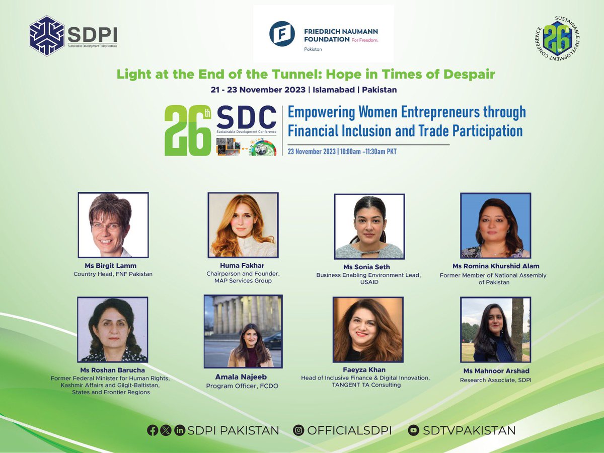 Held a panel discussion titled “Empowering Women Entrepreneurs through Financial Inclusion and Trade Participation” at the #SDC2023 @SDPIPakistan in collaboration with @FNFPakistan. 
Great interventions by panelists who are all experts in their areas!