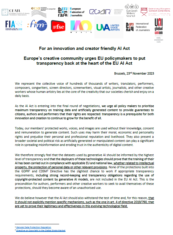 EU #AIAct We urge the EU to prioritise maximum transparency on training data and AI generated content <a href="/FIA_actors/">FIA actors</a> <a href="/fim_musicians/">FIM</a> <a href="/Film_directors/">FERA</a> @ScreenwritersEU @EFJEUROPE <a href="/IFJGlobal/">IFJ</a> <a href="/UNI_Europa/">UNI Europa</a> <a href="/Creators_ECSA/">ECSA</a> @CouncilWriters <a href="/CeatlNewsFR/">CEATL-français</a> <a href="/iao_artist/">IAO - International Artist Organisation #music</a> <a href="/VAUOfficial/">Voice Artists United</a> <a href="/Egair_official/">European Guild for AI Regulation</a>