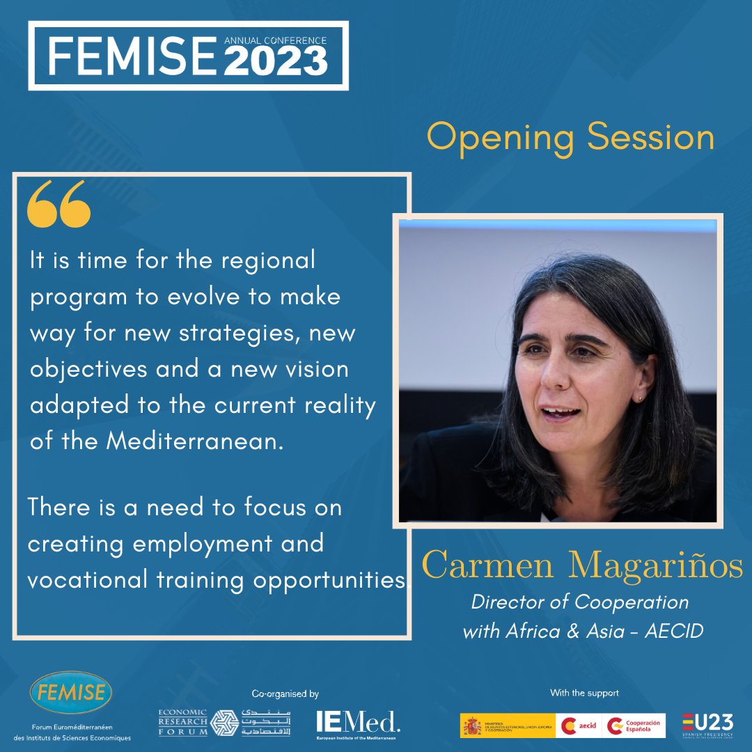femisenetwork's tweet image. 🗣&quot;It is time for regional program to evolve &amp;amp;make way for new strategies,objectives &amp;amp;vision adapted to Mediterranean current reality.&quot; stated Carmen Magariños,Director of Cooperation with Africa&amp;amp;Asia @AECID_es during #femise_ac2023 opening session.
Read➡ bit.ly/46q0gxw