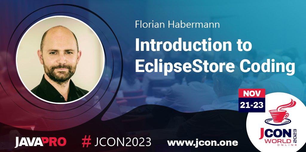 Last Chance - Today 11:00 CET! Join the #JCON2023 session with <a href="/FHHabermann/">Florian Habermann</a>: Introduction to #EclipseStore Coding sched.co/1VJaQ

Don't miss our other talks &amp; our workshop!
Free tickets: bit.ly/JCON23-free

<a href="/JAVAPROmagazin/">JAVAPRO</a> <a href="/jcon_conference/">JCON</a> #MicroStream #JAVAPRO
