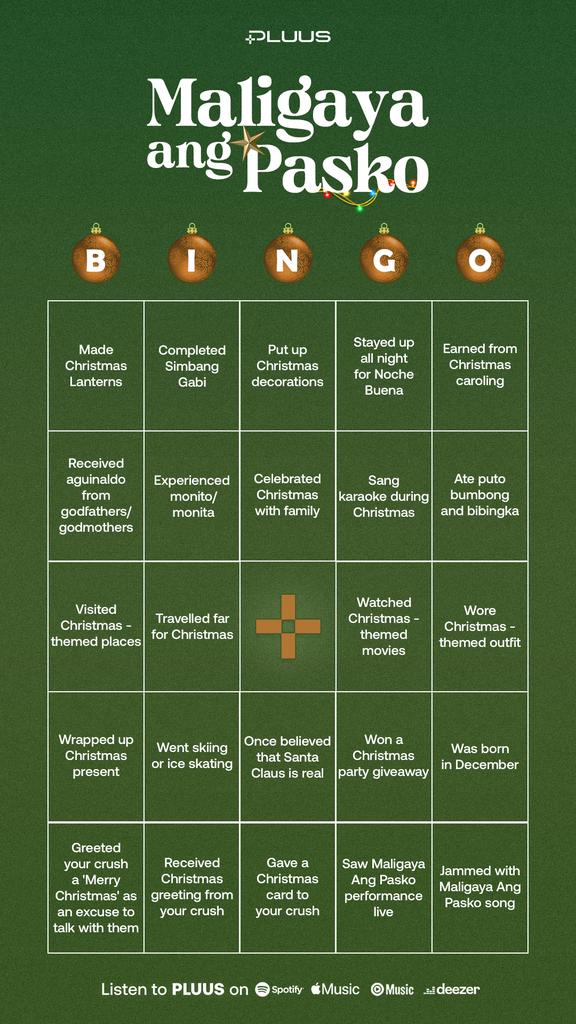 pluus_official's tweet photo. [🎄] Maligaya Ang Pasko Bingo 

SUM! Let us know how you celebrate Christmas and drop your Maligaya Ang Pasko Bingo card below. 👇🏼 

Ho ho ho! 🤶🏼 If you get a bingo, an aguinaldo might be waiting for you! 🎁

#MaligayaAngPasko #YGIGxPLUUS_MaligayaAngPasko #PaskoSaSBTown https://t.co/NnGuhsuFjc
