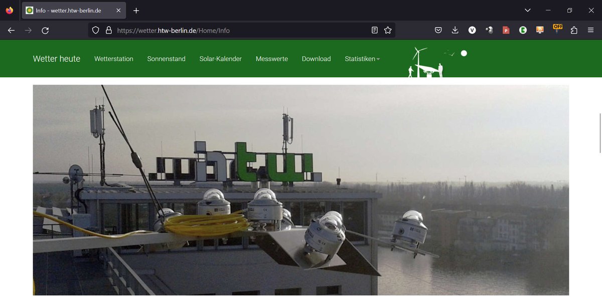 Volker Quaschning (@vquaschning) on Twitter photo Nach langer Wartung ist Berlins schönste #Wetterstation wieder am Netz. Wenn Ihr wissen wollt, wie viel Solarstrahlung oder Windgeschwindigkeit in #Berlin verfügbar ist, findet Ihr die Infos bei uns an der <a href="/HTW_Berlin/">HTW Berlin</a>.
wetter.htw-berlin.de Nach langer Wartung ist Berlins schönste #Wetterstation wieder am Netz. Wenn Ihr wissen wollt, wie viel Solarstrahlung oder Windgeschwindigkeit in #Berlin verfügbar ist, findet Ihr die Infos bei uns an der <a href="/HTW_Berlin/">HTW Berlin</a>.
wetter.htw-berlin.de