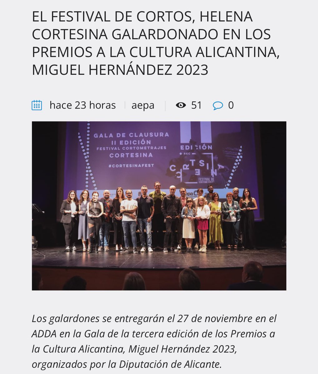 CortesinaFest's tweet photo. ¡EL FESTIVAL DE CORTOS, HELENA CORTESINA, PREMIADO!

Nos han galardonado con el Premio a la Cultura Alicantina, Miguel Hernández 2023 en la categoría de “Nuevos Creadores y Emprendedores Culturales, Sector Audiovisual” de @dipuAlicante 

#cortesinafest https://t.co/QCzLz3hM4Z