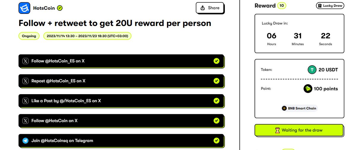 📌@Hotscoin_ES #Airdrop 

•Rastgele kişi başı:
🎁10 kişi $20 USDT kazanacak

📍Katılım👉app.questn.com/quest/83863395…

📅Son gün: 23 Kasım

#Dropiers #Giveaway #borsa #Cekilis #dolar #Bitcoin #DolarTL #usdtry #binance