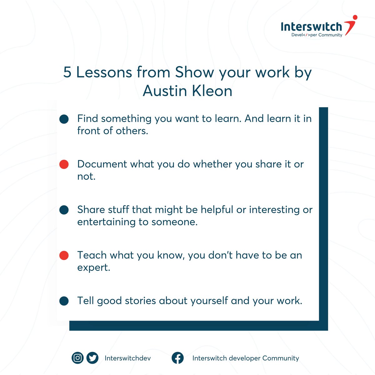 Interswitch Developer Community (@interswitchdev) on Twitter photo Have you read the book "Show your work" by <a href="/austinkleon/">Austin Kleon</a>? This might be your sign to read it this weekend.🤩
Share these lessons with your network, and tell us what you think in the comments.🚀
#InterswitchDeveloperCommunity
#DeveloperCommunity
#Interswitch Have you read the book "Show your work" by <a href="/austinkleon/">Austin Kleon</a>? This might be your sign to read it this weekend.🤩
Share these lessons with your network, and tell us what you think in the comments.🚀
#InterswitchDeveloperCommunity
#DeveloperCommunity
#Interswitch