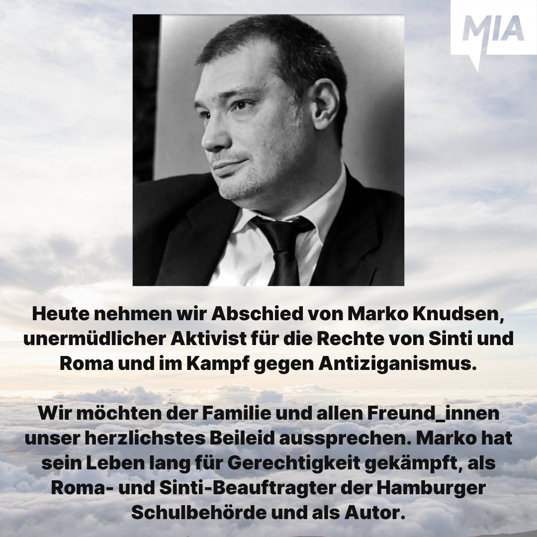 MIA_Bund's tweet photo. Heute nehmen wir Abschied von Marko Knudsen, unermüdlicher Aktivist für die Rechte von #Sinti und #Roma und im Kampf gegen #Antiziganismus.

Wir möchten der Familie und Freund_innen unser herzlichstes Beileid aussprechen. https://t.co/wZzAFshuiW
