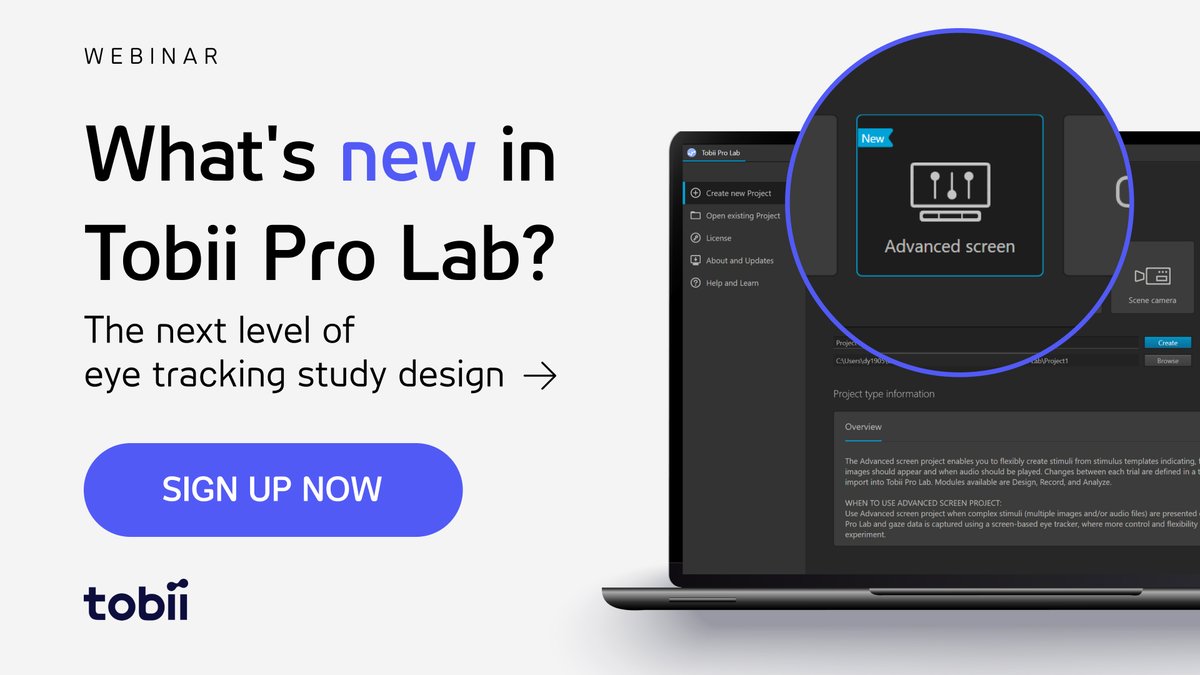 TobiiTechnology's tweet image. 🚀Discover the new Advanced Screen Project (ASP) in #TobiiProLab! Join our webinar to explore:

✅The new possibilities it brings to your research. 
✅ The types of study designs where ASP excels.
✅ How it differs from existing solutions.

Save your spot: ow.ly/Rtmj50Q9KuX