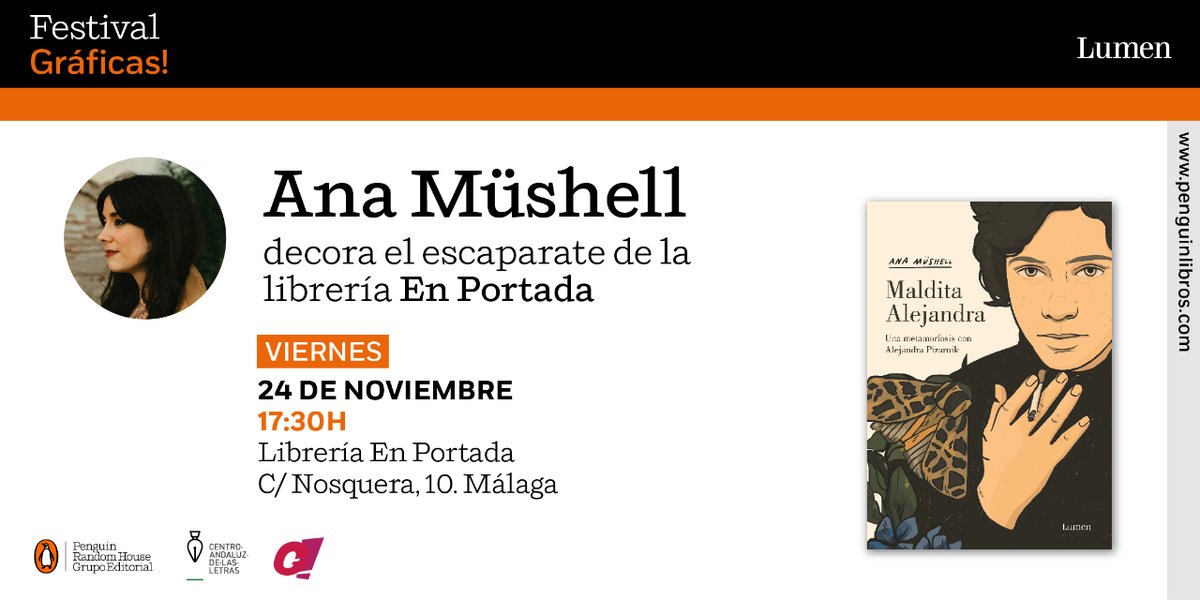 Os recordamos que mañana <a href="/AnaMushell/">Ana Müshell</a>, autora de «Maldita Alejandra», participa en el Festival Gráficas! (<a href="/Graficascomic/">Gráficas!</a>) de <a href="/letrasandalucia/">Centro Andaluz de las Letras</a> que se celebra en #Málaga. Pintará el escaparate de <a href="/enportadacomics/">En Portada COMICS</a>. ¡No te lo pierdas!