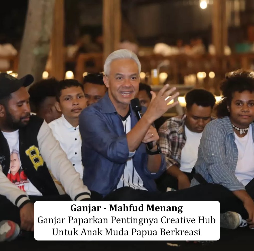 Sukses terus untuk Ganjar Pranowo dalam membuka peluang bagi anak muda Papua melalui creative hub Inovasi mereka akan menjadi kekuatan bangsa @dedykatolet80 
GAMA M3nang