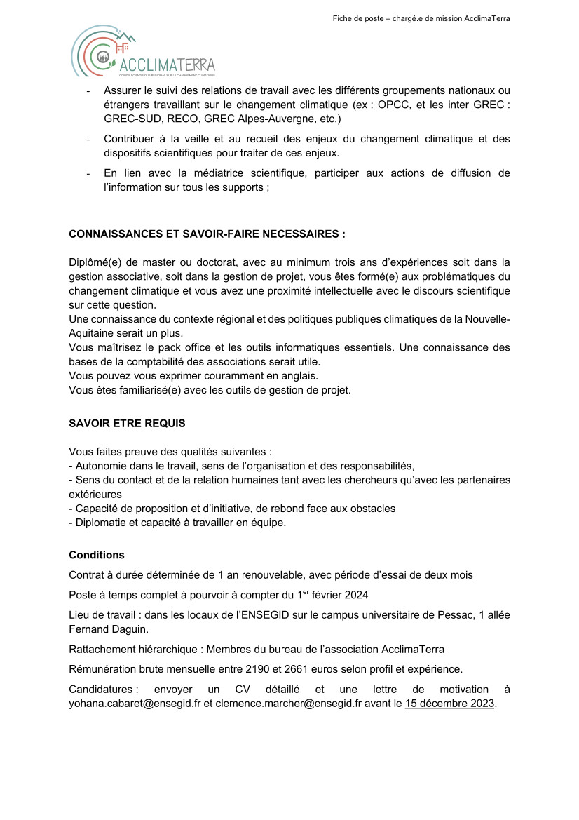 📣  #emploi #Hiring | Nous recherchons notre nouvel·le chargé.e de mission pour l'association. Il/elle assure l’animation et la coordination de nos activités sur le #changementclimatique.

🖊️ CDD d'1 an renouvelable
📆 CV + LM d'ici le 15/12

+ d'infos ➡️ acclimaterra.fr/actualites-2/