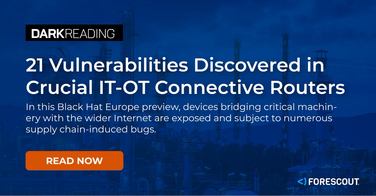 Forescout's Head of Security Research, Daniel dos Santos gave a preview of his upcoming Black Hat Europe talk on #vulnerability research for #OT / #IoT routers &amp; importance of upgrading devices to prevent attacks. via <a href="/DarkReading/">Dark Reading</a>: bit.ly/49CPgQ9 bit.ly/3QPBhhf