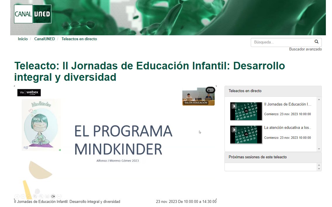 🗣️ Arranca el segundo día de las II Jornadas de Educación Infantil <a href="/EducacionUNED/">Facultad de Educación de la UNED</a> 💪 Vamos con la cuarta ponencia, titulada "Mindfulness en educación infantil" e impartida por Alfonso José Moreno-Gómez 🧒👧 Puedes seguirla a través de <a href="/CanalUNED/">canalUNED</a> 📺👉 canal.uned.es/live/event/653… 👇