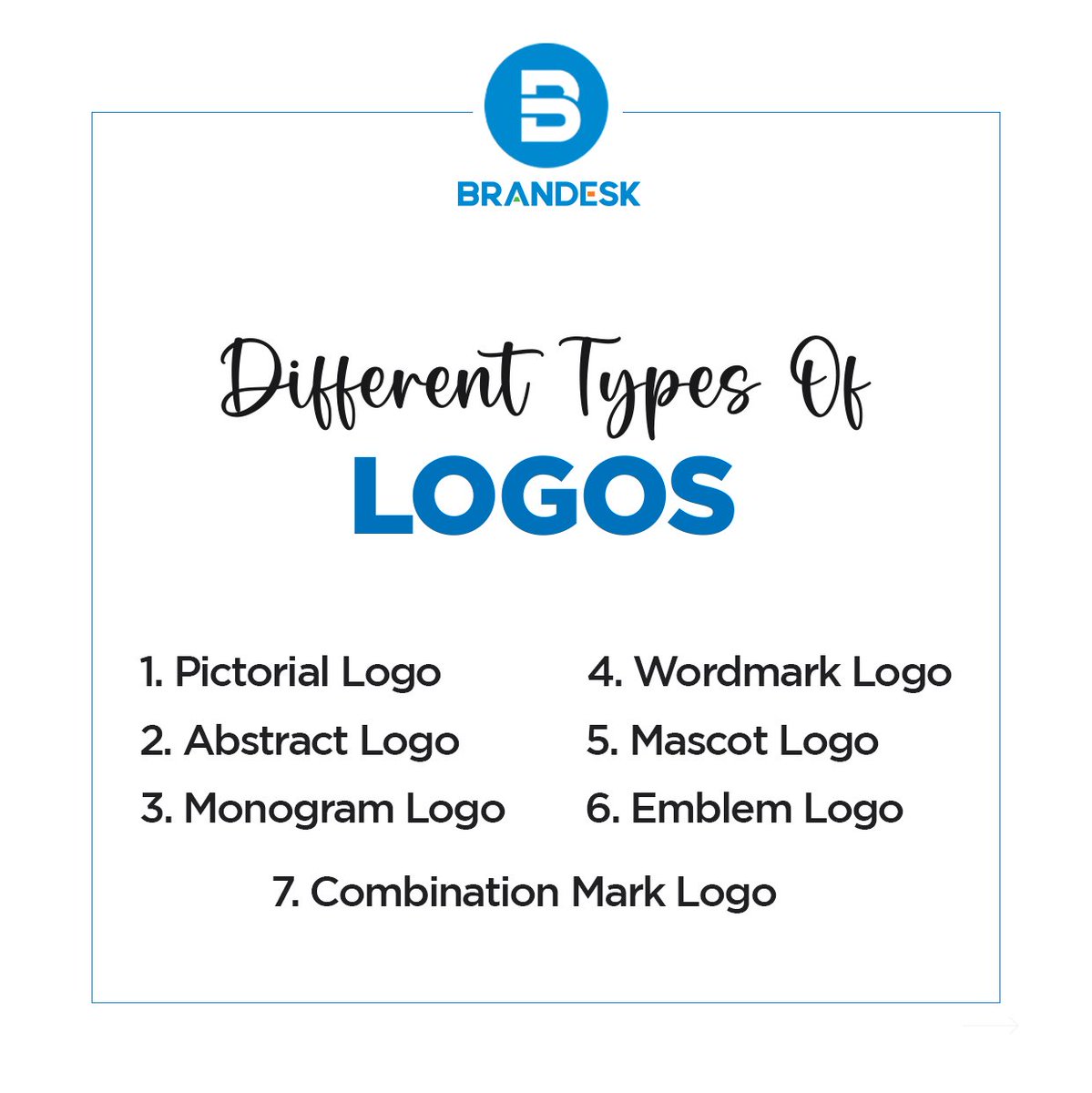 Different Types Of LOGOS
1. Pictorial Logo
2. Abstract Logo
3. Monogram Logo
4. Wordmark Logo
5. Mascot Logo
6. Emblem Logo
7. Combination Mark Logo
#PictorialLogo #AbstractLogo #MonogramLogo #WordmarkLogo #MascotLogo #EmblemLogo #CombinationMarkLogo #Brandesk #Visakhapatnam