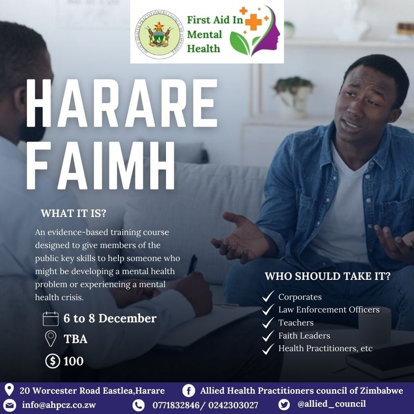 allied_council's tweet photo. Registration is in progress for the First Aid in Mental Health Training in December. Some of the taught modules include:
1) common #MentalHealthDisorders
2) #mentalhealthatworkplace
3) #ethics and #referralpathways
4) #culture #spirituality & #mentalillness
@ZirimaHerbert https://t.co/IH20ZSXHWu