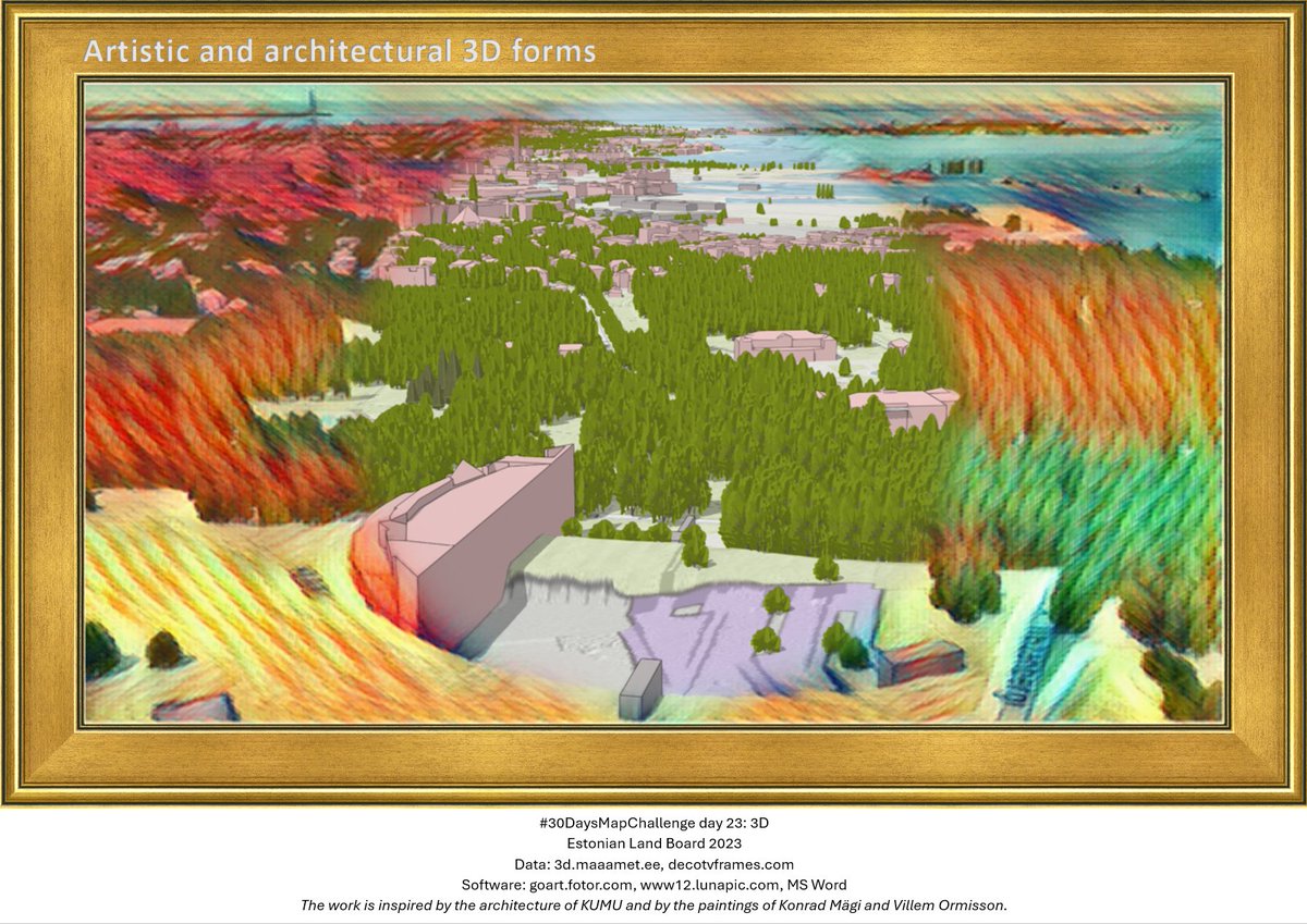 #30DayMapChallenge Day 23 category: 3D 3D meets art. Today's work is inspired by the architecture of Kumu and by the paintings of Konrad Mägi and Villem Ormisson. Come and explore the 3D world of the Maa-amet: 3d.maaamet.ee