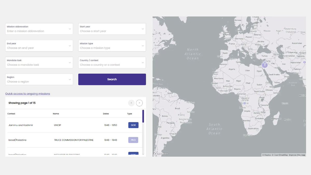 CSS_ETHZurich's tweet photo. Explore the UN Peace Mission Mandates Dataset, covering all UN peace missions from 1948 to 2022.🧵

Two ways to access the data:
- By using the search engine (link in thread 2)
- By downloading the dataset (link in thread 3)

#PeaceMissions #UNPMM @GVAGrad_CCDP @SaraHellmuller https://t.co/LDudm3NGjq