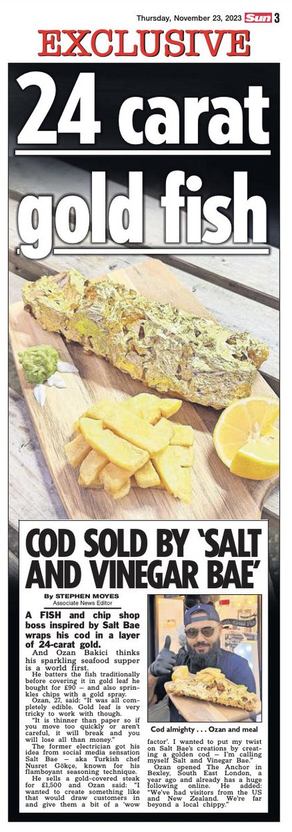 EXCLUSIVE in <a href="/TheSun/">The Sun</a> - Fish and chip shop boss inspired by Salt Bae reckons he's created a world first - cod completely wrapped in 24 carat gold 🐟🍟 thesun.co.uk/news/24825755/…
🖋️ <a href="/inspirellie_/">Ellie McDonald</a>