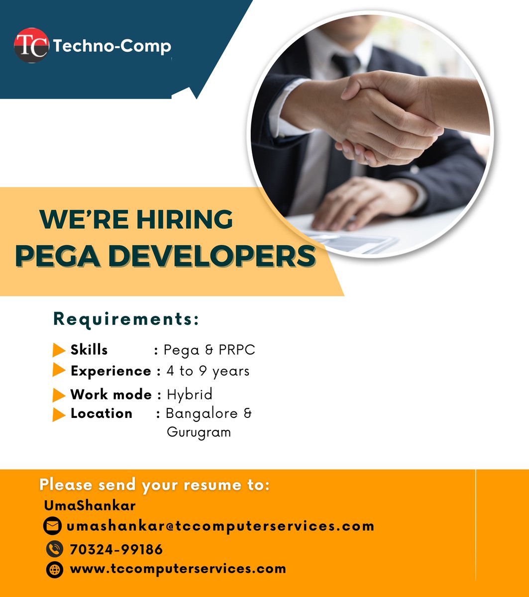 tccspl's tweet photo. 💥 Techno-Comp is Hiring Pega Developers 💥
🔍Please share your resume to: umashankar@tccomputerservices.com
#pegasystems #pega #tech #devops #java #nocode #bettyblocks #lowcode #technology #outsystems #software #mendix #consultancy #itengineering #digitaltransformation #hiring https://t.co/ekh6ONifUk