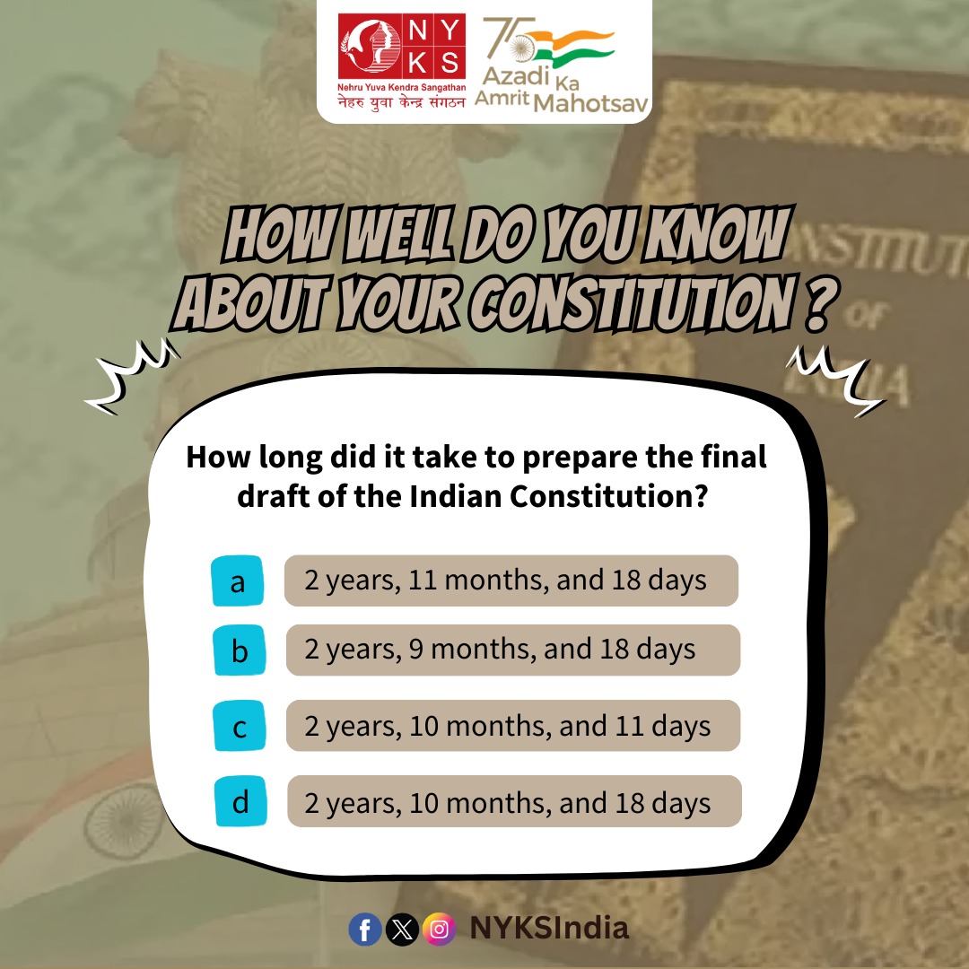 MYBharatHQ's tweet photo. 🇮🇳✨ Celebrate Constitution Day with knowledge! Join our quiz and test your understanding of the guiding principles that shape our great nation. Let's honour the architects of our democracy together! 📚🧠

#ConstitutionDayQuiz  #QuizTime #NYKS https://t.co/9Bk85HeLqD
