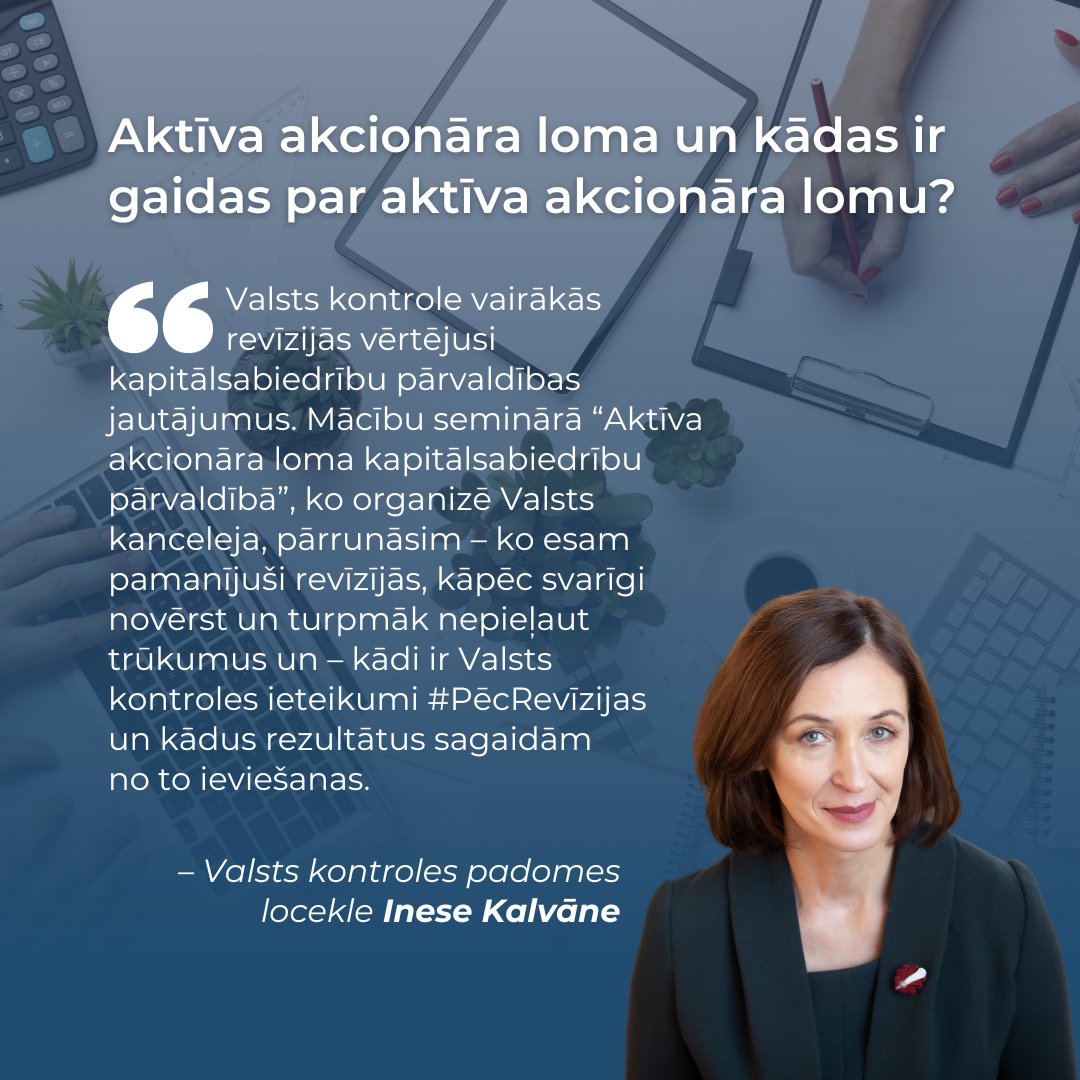 VKontrole's tweet photo. 🔵Kā efektīvāk veikt kapitāla daļu turētāja pienākumus un kādi ir @VKontrole ieteikumi #PēcRevīzijas – par šo Valsts kontroles padomes locekle @KalvaneInese šodien diskutēs @Brivibas36 organizētā mācību seminārā “Aktīva akcionāra loma kapitālsabiedrību pārvaldībā”. https://t.co/l6W9gT3WMt