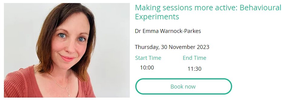 We are excited to welcome @DrEmmaWParkes on 30.11.23 to deliver a webinar on 'Making sessions more active: Behavioural Experiments'. This event is suitable for any CBT practitioner (HI or LICBT) looking to make their practice more active. Find out more: bespokementalhealth.co.uk/live-events/ma…