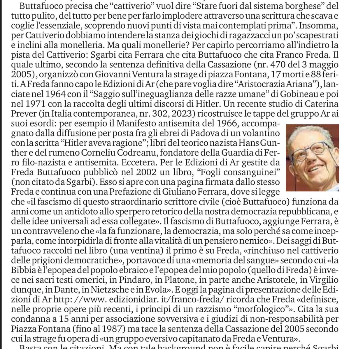 amicoFaralla's tweet photo. Cose per cui i sostenitori della guerra a Gaza non si indignano: oggi sulla Stampa Salvatore Settis ricorda l’amicizia e il sodalizio intellettuale tra il neo-direttore della Biennale di Venezia Pietrangelo Buttafuoco e lo stragista ed editore di libelli antisemiti Franco Freda. https://t.co/K7Sr3USkIJ