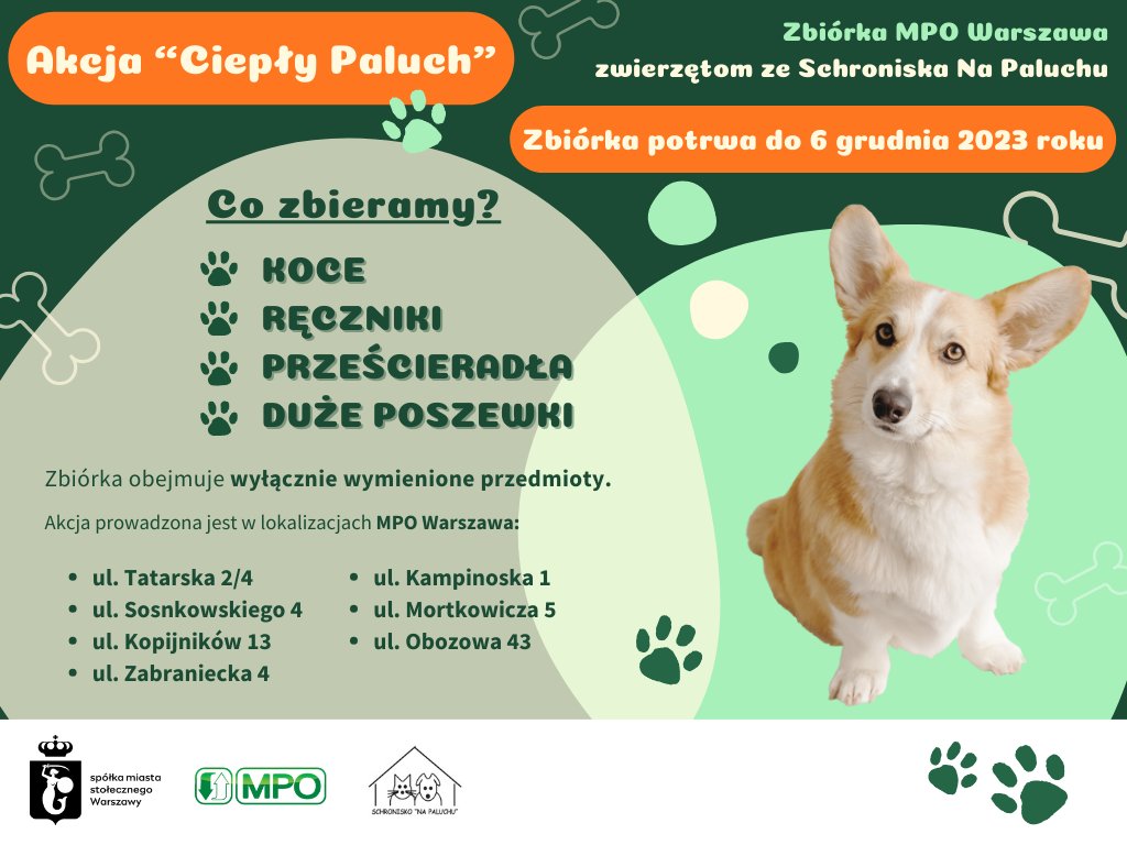 W ramach akcji „Ciepły Paluch” organizujemy zbiórkę najpotrzebniejszych darów dla podopiecznych <a href="/AdoptujzPalucha/">SchroniskonaPaluchu</a>.🐶🐱 Zbiórka potrwa 𝐝𝐨 𝟔 𝐠𝐫𝐮𝐝𝐧𝐢𝐚, a zebrane rzeczy zostaną w Mikołajki przewiezione do czworonogów. ❤️ Więcej szczegółów: facebook.com/warszawa/posts… #psyjaciele
