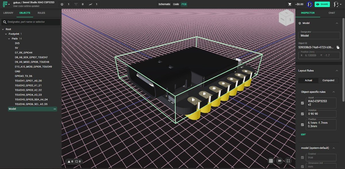 seeedstudio's tweet image. Exciting news for #PCBdesign teams! Thanks to our contributor Gokul, Seeed #XIAO series Components are now available on Flux.ai. ✨Start creating accurate and error-free #schematics and layouts with this intuitive browser-based tool today. bit.ly/3R8Zel0