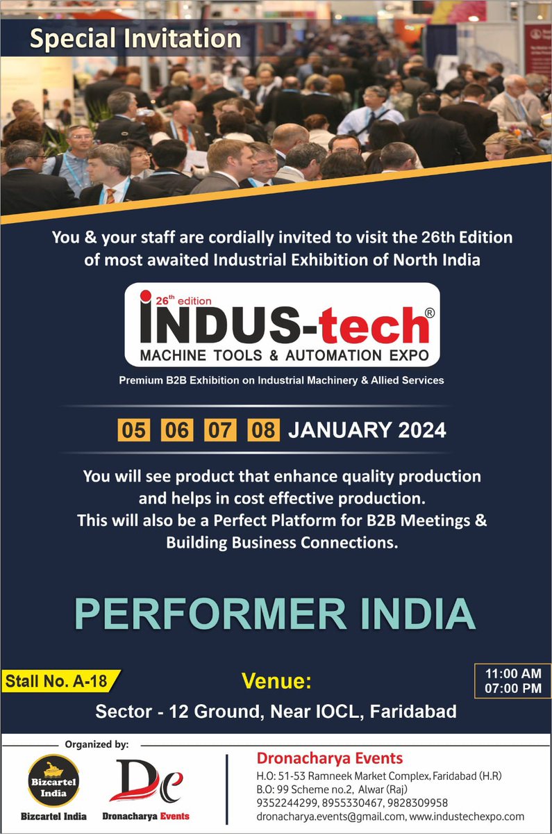 Get ready for an electrifying experience! Performer India is gearing up for the 26th North India Industrial Exhibition, Indus-Tech Expo, happening from January 5-8, 2024.
.
.
#PerformerIndia #IndusTechExpo2024 #FutureIndustry #GameChangingTech #InnovationShowcase