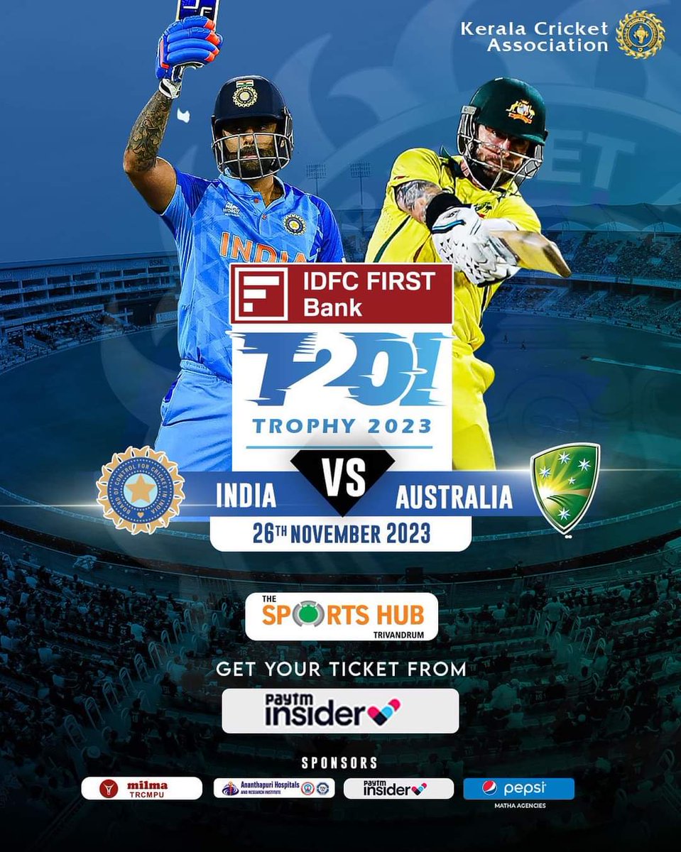 Trivandrum (@wearetrivandrum) on Twitter photo T20 match b/w India & Australia on 26th November 2023 at #TrivandrumInternationalStadium. Book your tickets at <a href="/paytminsider/">random guy</a> <a href="/BCCI/">BCCI</a> <a href="/cricketaakash/">Aakash Chopra</a> <a href="/cricketcomau/">cricket.com.au</a> <a href="/ShashiTharoor/">Shashi Tharoor</a> #Thiruvananthapuram T20 match b/w India & Australia on 26th November 2023 at #TrivandrumInternationalStadium. Book your tickets at <a href="/paytminsider/">random guy</a> <a href="/BCCI/">BCCI</a> <a href="/cricketaakash/">Aakash Chopra</a> <a href="/cricketcomau/">cricket.com.au</a> <a href="/ShashiTharoor/">Shashi Tharoor</a> #Thiruvananthapuram