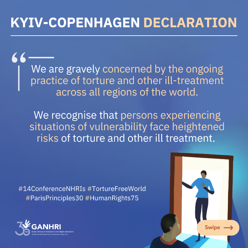 Ganhri1's tweet photo. Torture & other ill-treatment is prohibited under all circumstances, and without exception.
+80 #NHRIs committed to a victim-centered approach in their work by adopting the Kyiv-Copenhagen Declaration at #14ConferenceNHRIs.
Read it now👉https://t.co/4VwwdpjKV2
#TortureFreeWorld