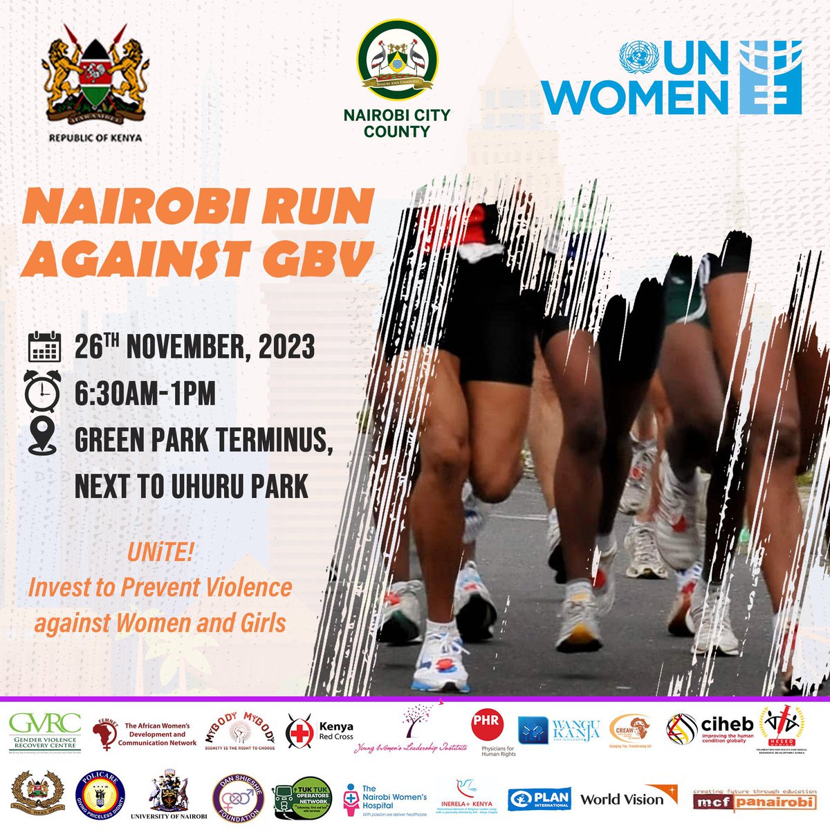 Come and participate in the Nairobi Run Against Sexual and Gender-Based Violence.

Date: 26th November, 6:30 
Time 6:30 AM-1:00 pm.
Meeting Point: Green Park Terminus, Next to Uhuru Park.

#NairobiRunAgainstGBV
#NoExcuses 
#RestoringDignity 
#16DaysOfActivism