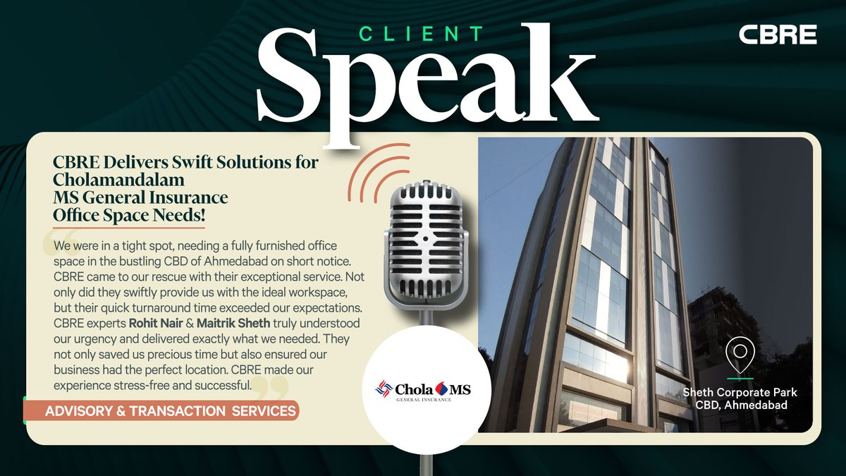 CBRE_India's tweet photo. At CBRE India, we go above and beyond our brief to deliver exceptional results for our clients. Recently, we assisted Cholamandalam MS General Insurance in procuring a fully furnished office.
#realestate #advisoryservices #transactionservices #clientspeak https://t.co/DIxgkCVHpW