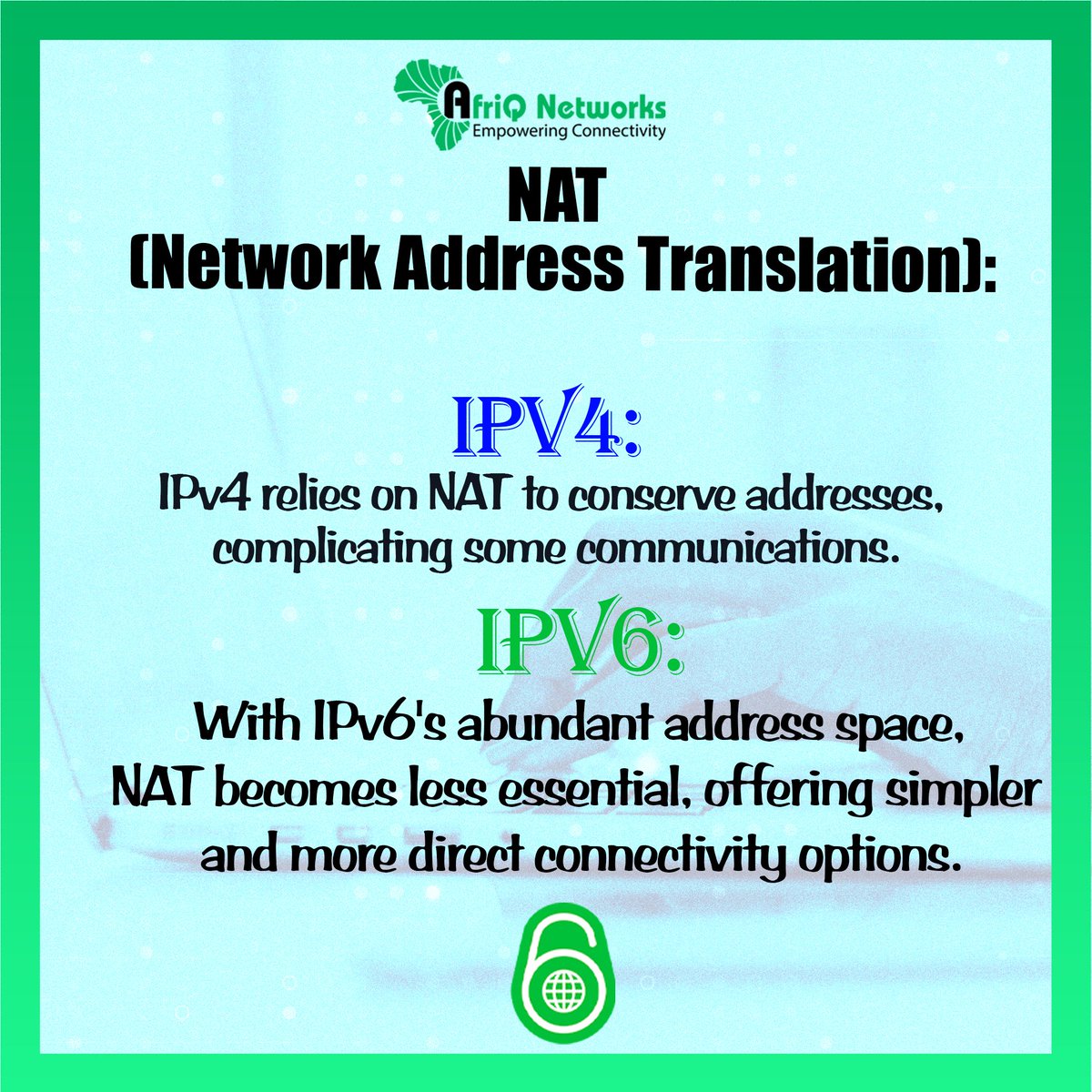 AfriQ_Wifi's tweet image. Experience seamless and efficient connections with AfriQ Networks! 🌐✨ Join us in shaping the future of connectivity. Discover the difference today! 

#IPv4vsIPv6 #EfficientConnections #AfriQNetworks #JoinTheFuture #TooMuchWiFi