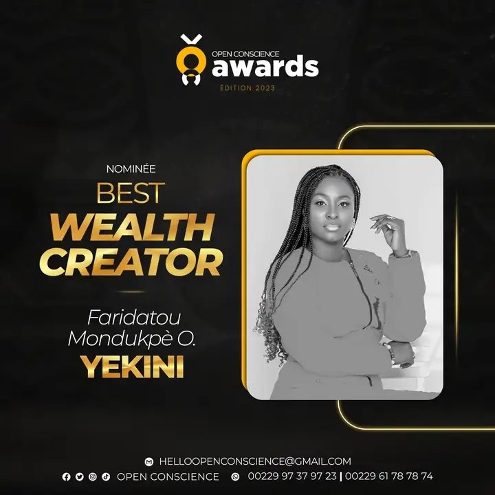 Elle, c’est Faridatou YEKINI. Elle est nominée dans la catégorie BEST WEALTH CREATOR aux Open Conscience Awards 2023.

Si vous faites partie de sa communauté ou appréciez son travail, donnez-lui de la force 🔥

#openconscienceawards
#bestwealthcreator2023