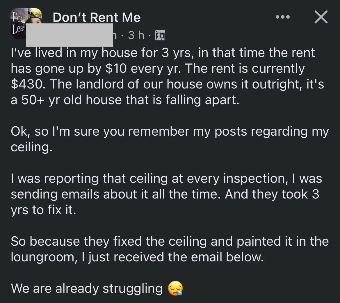 purplepingers's tweet photo. This tenant has been reporting a ceiling caving in for three years to her real estate agency, and after the landlord finally fixed it, the agency felt entitled to raise the rent $100 a week. https://t.co/oNP7Id1YiB