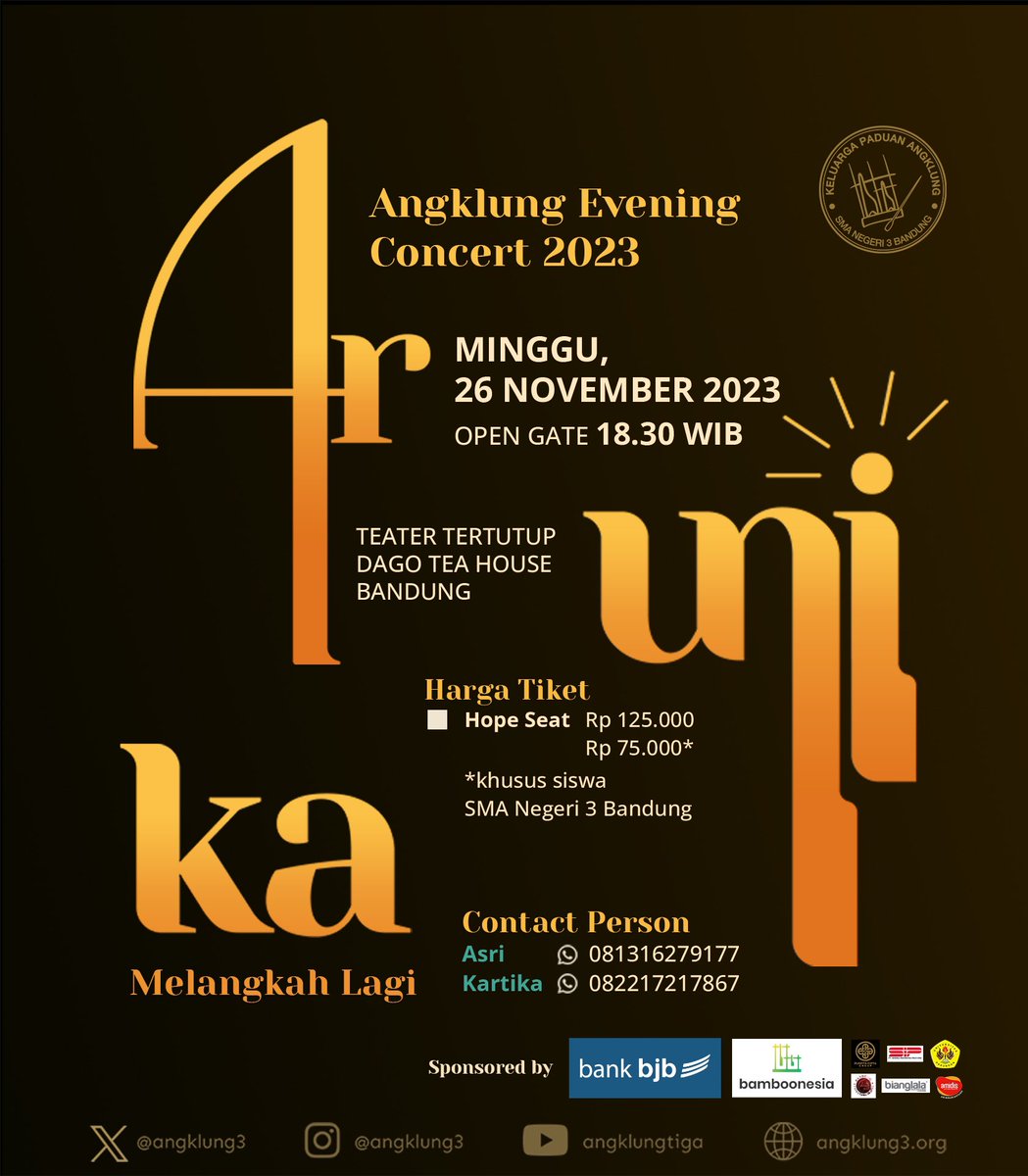 Hanya tersisa Tiket Hope Seat (reguler) ☀️

Yuk segera reservasi tiket di
wa.me/6281316279177 (Asri)

Acara ini didukung oleh Bank BJB, Bamboonesia, Puspita Cipta, Universitas Pasundan, PT. Sinergi Indomitra Pratama, Amidis, Fata Utama Travel, dan Bianglala.