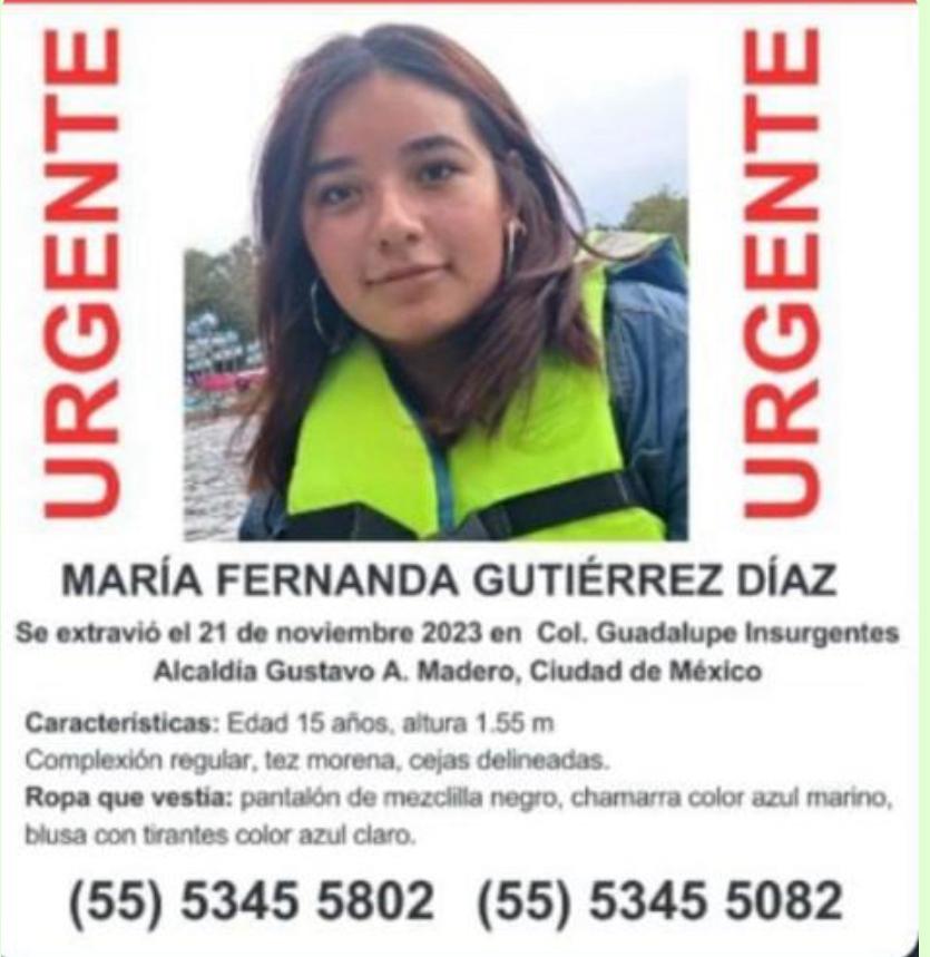 lopezdoriga's tweet photo. Solicitan ayuda para la localización de la joven María Fernanda Gutiérrez, de 15 años, quien está desaparecida desde ayer martes.

Fue vista por última vez en calles de la colonia Guadalupe Insurgentes, en la alcaldía Gustavo A. Madero de la Ciudad de México https://t.co/ZV1mrPDaen