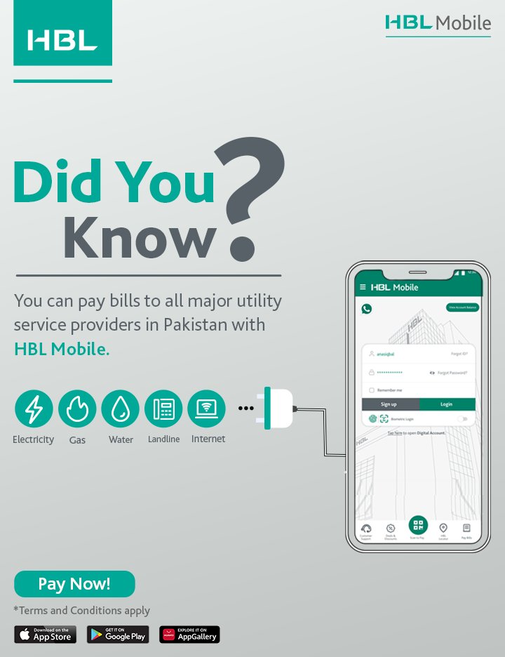 HBLCare's tweet photo. Utility bills payment made easy!
Pay your electricity, gas, internet, water, and landline
bills instantly through HBL Mobile App with just a few
taps!
*Terms & Conditions Apply
Download now: https://t.co/O43ITTorQk
#HBLMobile #Billpayment #HBL #HBLCare https://t.co/ke1pGqA5F0