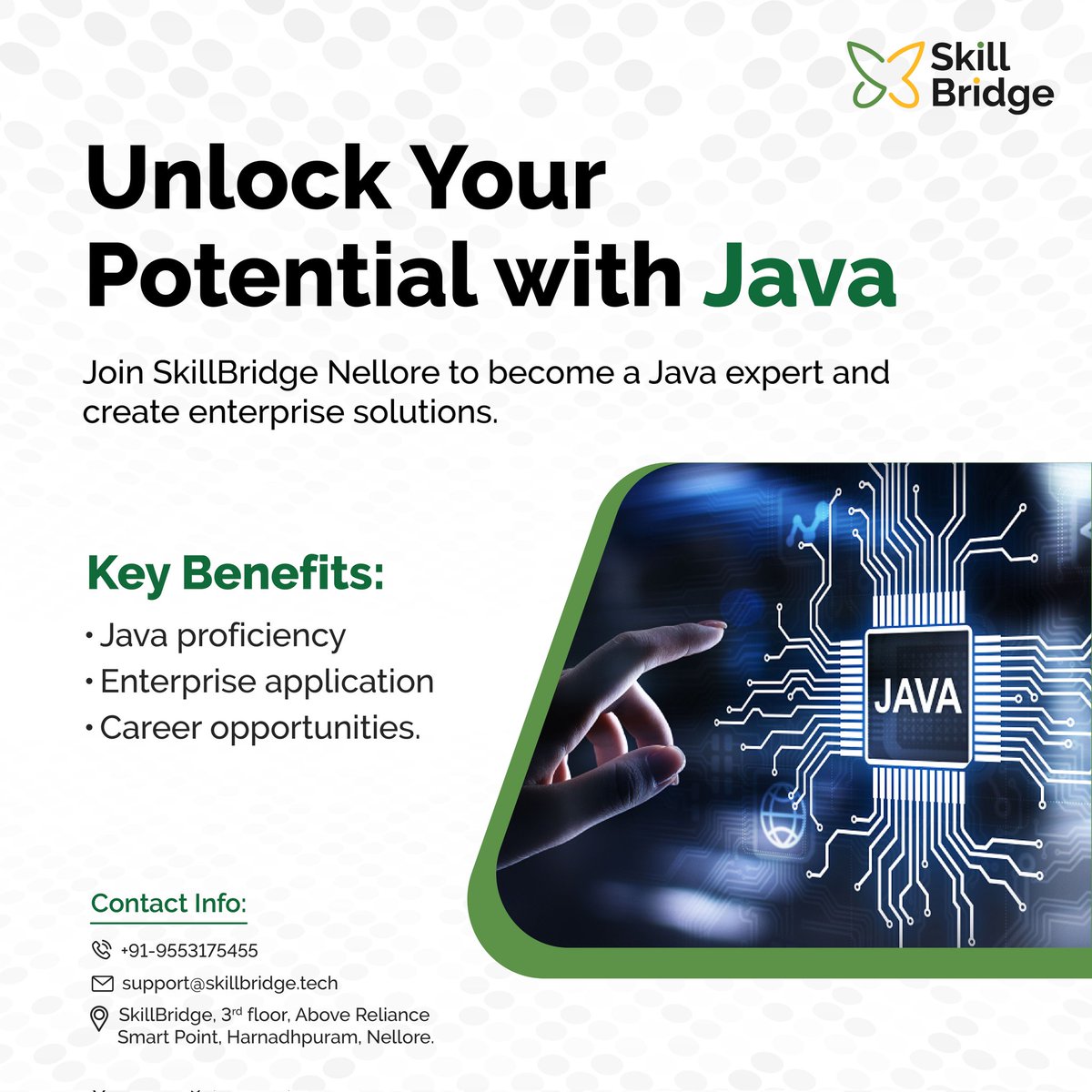 SkillBridge2023's tweet photo. Java's not just for coffee beans anymore.

☕ Regulate your inner Java guru with SkillBridge Nellore.

💻 Become a Java whiz and build enterprise solutions that are out of this world.

🚀 Your career in Java is about to take off like a rocket.
#SkillBridge https://t.co/xwzPvZNcty