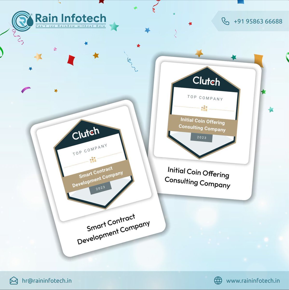 We're thrilled to share the exciting news 🤩 - Rain Infotech has been named a Clutch Champion in not just one category but we have awarded in two.🎊 First one is Top Initial Coin Offering Company-2023 & Top Smart Contract Development Company-2023. 
#ClutchChampion #raininfotech