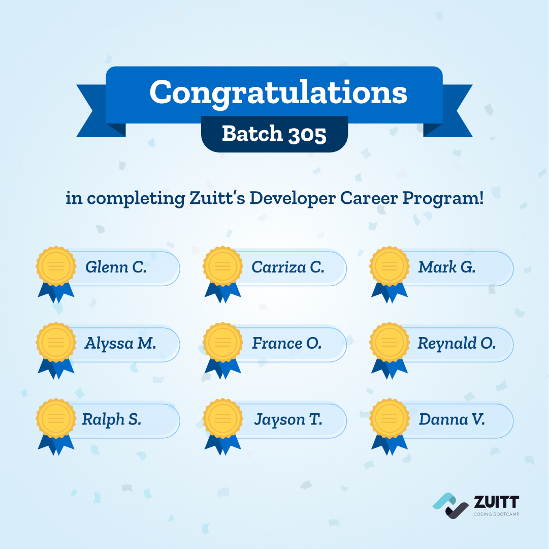 zuittco's tweet photo. Congratulations Batch 305! 🎓📷
Join the coding revolution like Batch 305 did! Learn coding in just 2-3 months. Secure your spot now: https://t.co/fyHj75YZJb
#Zuitt #CodingJourneyComplete #onlinetraining #coding #Batch305 #programming https://t.co/AVxnxfqkLf