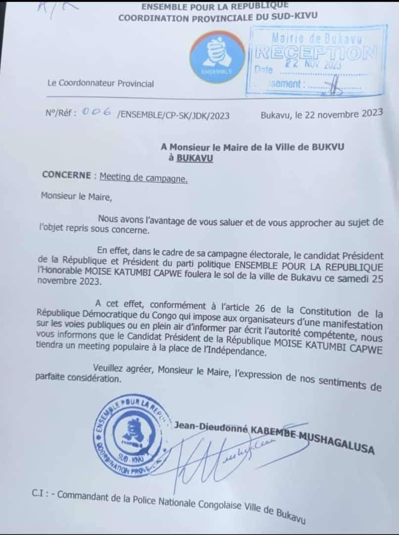 #Élections2023: Le maire de #Bukavu  interdit le meeting du <a href="/moise_katumbi/">Moise Katumbi</a>  qui devait se tenir à la place de l'indépendance le 29 novembre. Le maire appelle le leader d' <a href="/Ensemble_MK/">Ensemble pour la République</a>  à l'orienter vers un autre lieu.