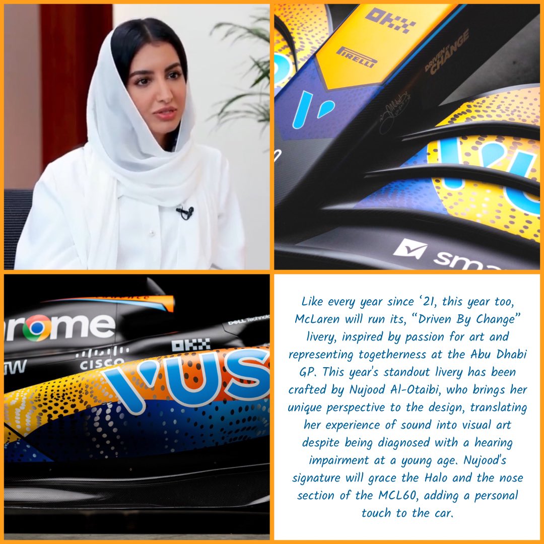 Many liveries in #F1. Here’s a unique one driven by purpose. Actually, #DrivenByChange! Kudos to the designer, <a href="/nujoodotaibi/">نجود العتيبي</a> and <a href="/McLarenF1/">McLaren</a> for this brilliant thought and showcase. More power! 💪💪

#F1 #AbuDhabiGP <a href="/LandoNorris/">Lando Norris</a> <a href="/OscarPiastri/">Oscar Piastri</a> #McLarenF1 <a href="/ZBrownCEO/">Zak Brown</a>